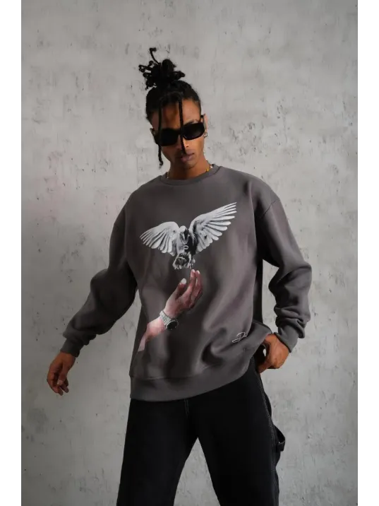 Erkek Güvercin Baskılı Sweatshirt - Gri