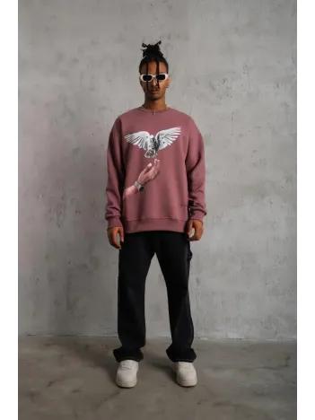 Erkek Güvercin Baskılı Sweatshirt - Gül Kurusu