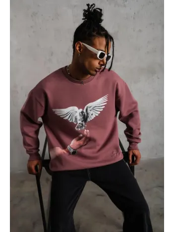 Erkek Güvercin Baskılı Sweatshirt - Gül Kurusu Erkek Güvercin Baskılı Sweatshirt - Gül Kurusu