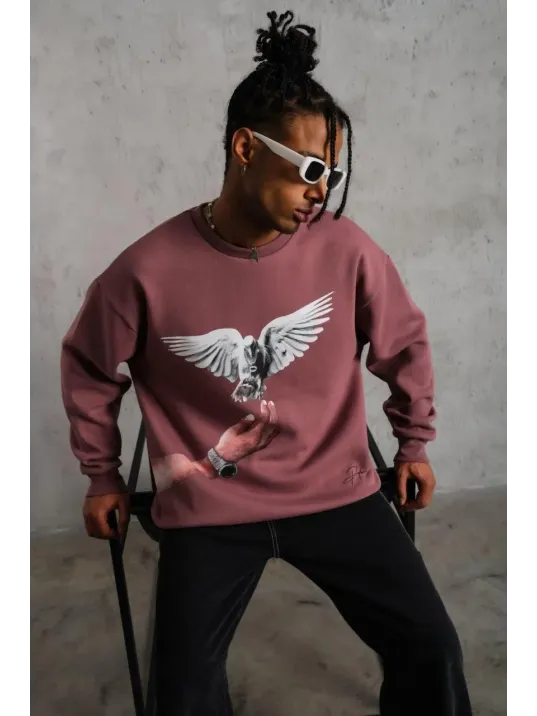 Erkek Güvercin Baskılı Sweatshirt - Gül Kurusu