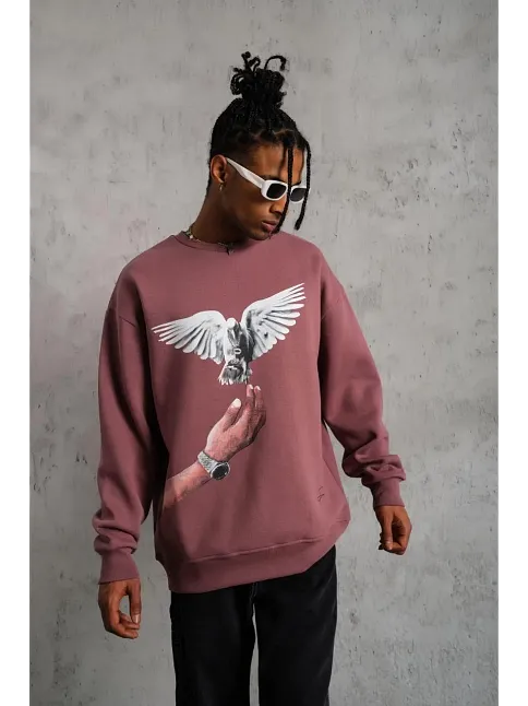 Erkek Güvercin Baskılı Sweatshirt - Gül Kurusu