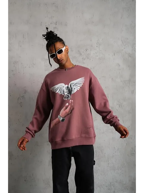 Erkek Güvercin Baskılı Sweatshirt - Gül Kurusu