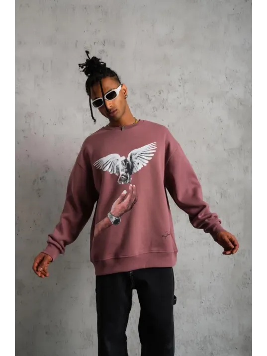 Erkek Güvercin Baskılı Sweatshirt - Gül Kurusu