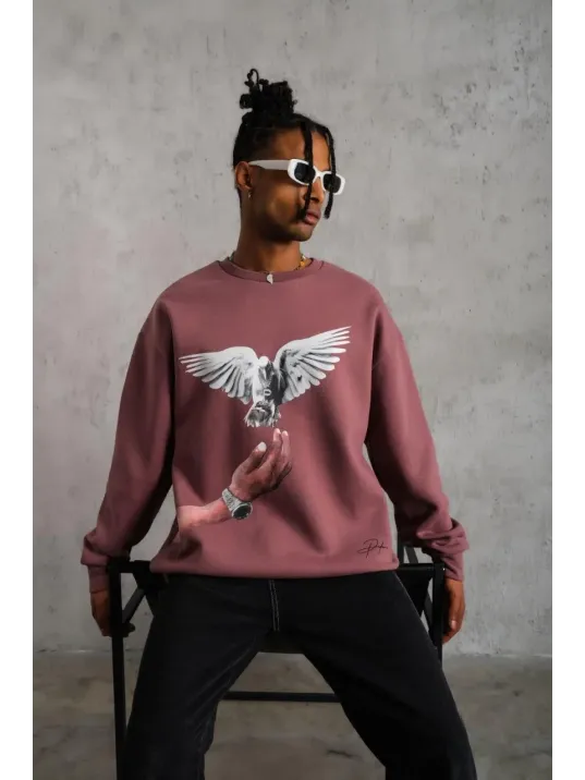 Erkek Güvercin Baskılı Sweatshirt - Gül Kurusu