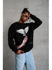 Erkek Güvercin Baskılı Sweatshirt - Siyah