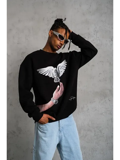 Erkek Güvercin Baskılı Sweatshirt - Siyah