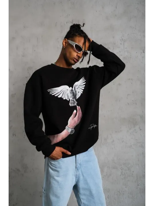 Erkek Güvercin Baskılı Sweatshirt - Siyah Erkek Güvercin Baskılı Sweatshirt - Siyah