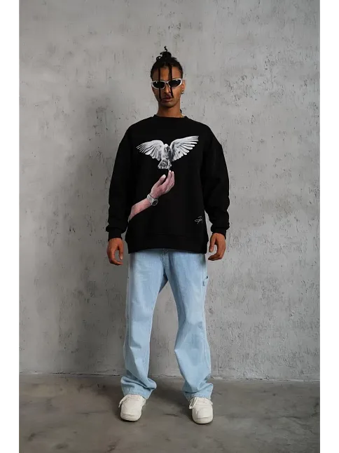 Erkek Güvercin Baskılı Sweatshirt - Siyah