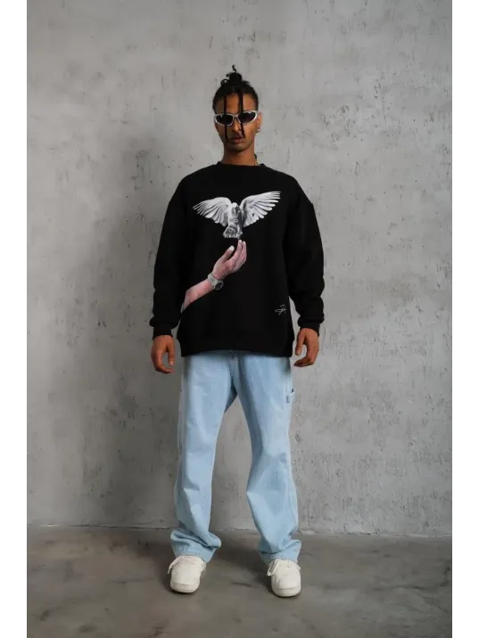 Erkek Güvercin Baskılı Sweatshirt - Siyah Erkek Güvercin Baskılı Sweatshirt - Siyah