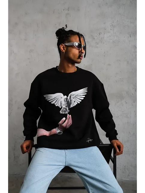 Erkek Güvercin Baskılı Sweatshirt - Siyah