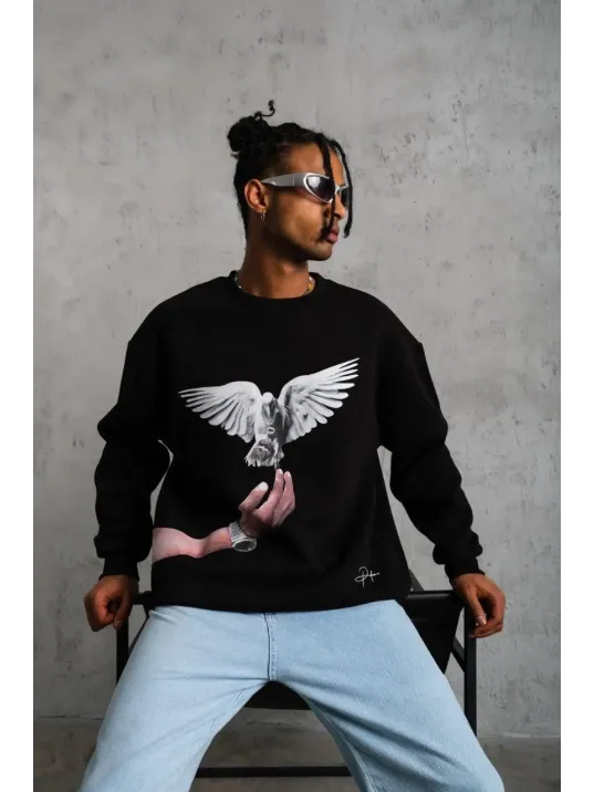 Erkek Güvercin Baskılı Sweatshirt - Siyah Erkek Güvercin Baskılı Sweatshirt - Siyah