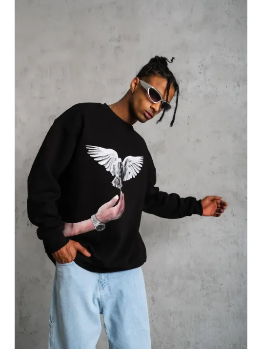 Erkek Güvercin Baskılı Sweatshirt - Siyah Erkek Güvercin Baskılı Sweatshirt - Siyah