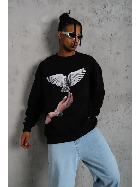 Erkek Güvercin Baskılı Sweatshirt - Siyah Erkek Güvercin Baskılı Sweatshirt - Siyah