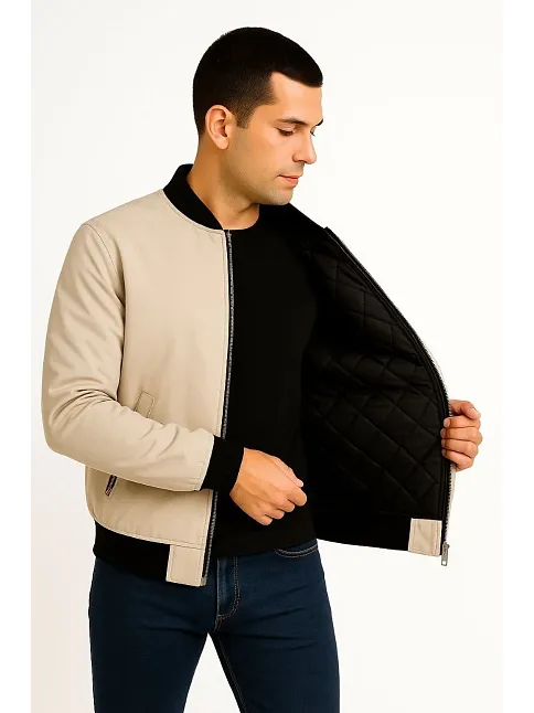 Erkek Bomber Mont Ceket – Fermuarlı, Kapitone İçi Astarlı, Su İtici Kumaş, Regular Fit, Uzun Kollu, Yandan Cepli, Bahar & Kış Rahat Günlük Stil - Bej