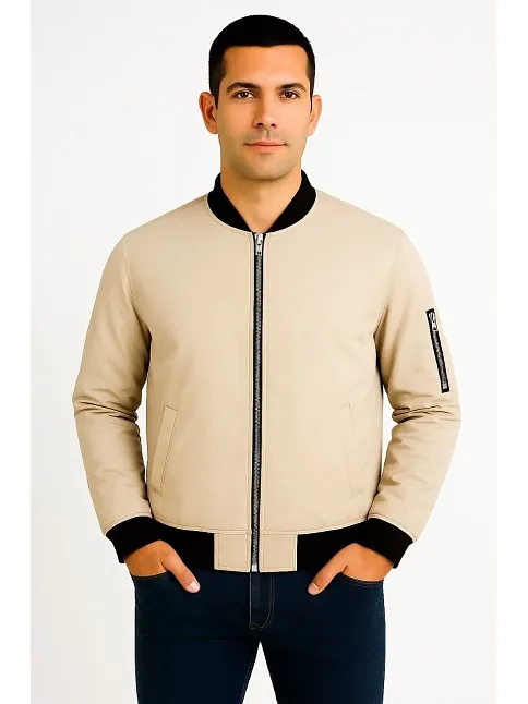 Erkek Bomber Mont Ceket – Fermuarlı, Kapitone İçi Astarlı, Su İtici Kumaş, Regular Fit, Uzun Kollu, Yandan Cepli, Bahar & Kış Rahat Günlük Stil - Bej