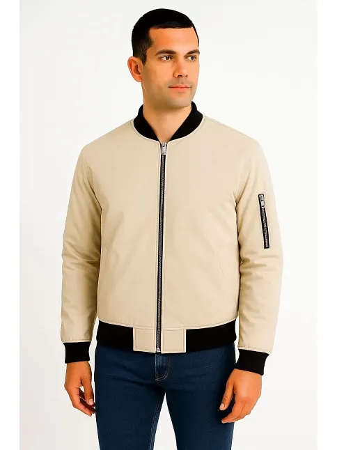 Erkek Bomber Mont Ceket – Fermuarlı, Kapitone İçi Astarlı, Su İtici Kumaş, Regular Fit, Uzun Kollu, Yandan Cepli, Bahar & Kış Rahat Günlük Stil - Bej