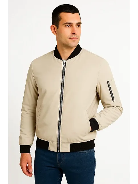 Erkek Bomber Mont Ceket – Fermuarlı, Kapitone İçi Astarlı, Su İtici Kumaş, Regular Fit, Uzun Kollu, Yandan Cepli, Bahar & Kış Rahat Günlük Stil - Bej