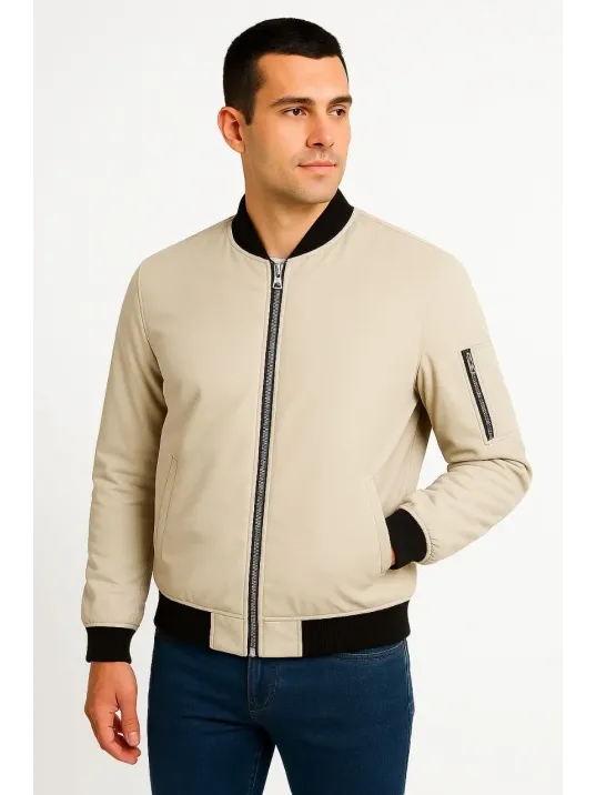 Erkek Bomber Mont Ceket – Fermuarlı, Kapitone İçi Astarlı, Su İtici Kumaş, Regular Fit, Uzun Kollu, Yandan Cepli, Bahar & Kış Rahat Günlük Stil - Bej Erkek Bomber Mont Ceket – Fermuarlı, Kapitone İçi Astarlı, Su İtici Kumaş, Regular Fit, Uzun Kollu, Yandan Cepli, Bahar & Kış Rahat Günlük Stil - Bej