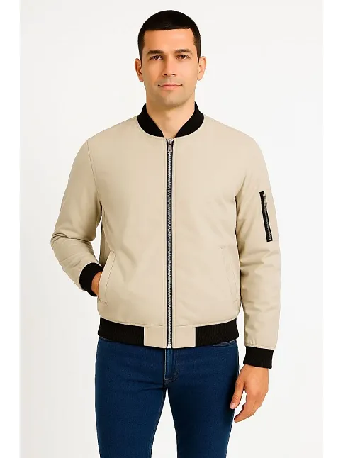 Erkek Bomber Mont Ceket – Fermuarlı, Kapitone İçi Astarlı, Su İtici Kumaş, Regular Fit, Uzun Kollu, Yandan Cepli, Bahar & Kış Rahat Günlük Stil - Bej