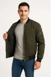 Erkek Bomber Mont Ceket – Fermuarlı, Kapitone İçi Astarlı, Su İtici Kumaş, Regular Fit, Uzun Kollu, Yandan Cepli, Bahar & Kış Rahat Günlük Stil - Haki