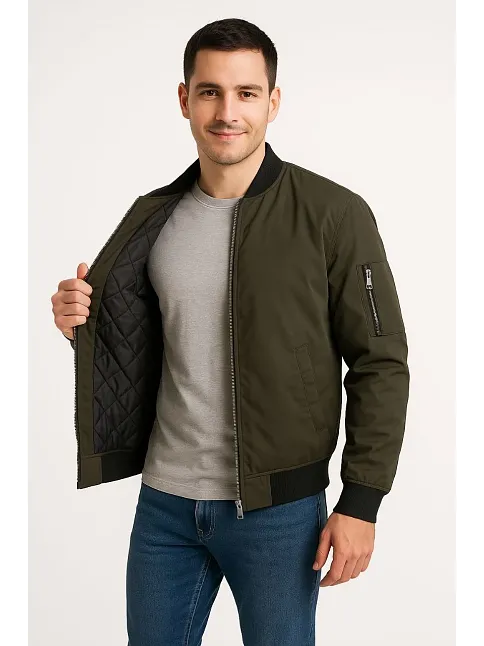 Erkek Bomber Mont Ceket – Fermuarlı, Kapitone İçi Astarlı, Su İtici Kumaş, Regular Fit, Uzun Kollu, Yandan Cepli, Bahar & Kış Rahat Günlük Stil - Haki