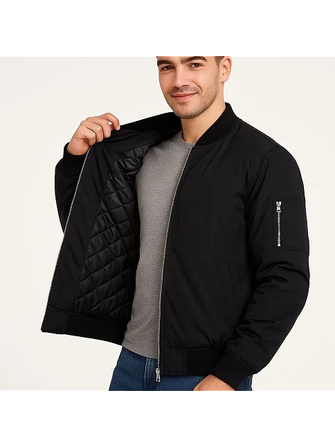 Erkek Bomber Mont Ceket – Fermuarlı, Kapitone İçi Astarlı, Su İtici Kumaş, Regular Fit, Uzun Kollu, Yandan Cepli, Bahar & Kış Rahat Günlük Stil - Siyah