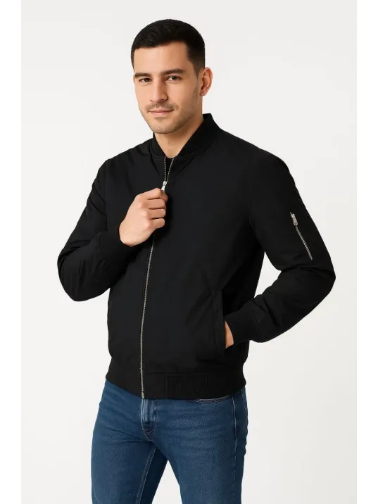 Erkek Bomber Mont Ceket – Fermuarlı, Kapitone İçi Astarlı, Su İtici Kumaş, Regular Fit, Uzun Kollu, Yandan Cepli, Bahar & Kış Rahat Günlük Stil - Siyah Erkek Bomber Mont Ceket – Fermuarlı, Kapitone İçi Astarlı, Su İtici Kumaş, Regular Fit, Uzun Kollu, Yandan Cepli, Bahar & Kış Rahat Günlük Stil - Siyah