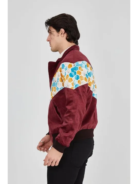 Erkek İçi Astarlı İçten Yaka Kısmı Peluşlu Beyaz Şeritli Vintage Ceket - Mürdüm