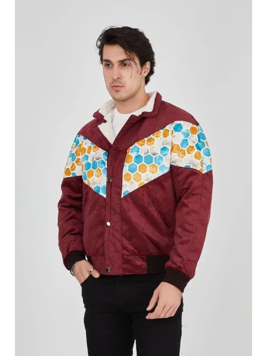 Erkek İçi Astarlı İçten Yaka Kısmı Peluşlu Beyaz Şeritli Vintage Ceket - Mürdüm