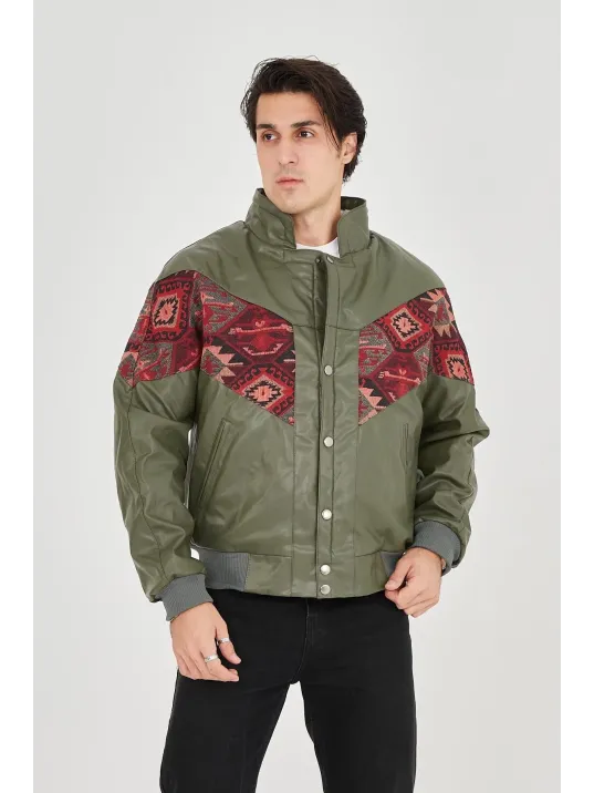 Erkek İçi Astarlı İçten Yaka Kısmı Peluşlu Suni Kumaş Vintage Ceket - Haki