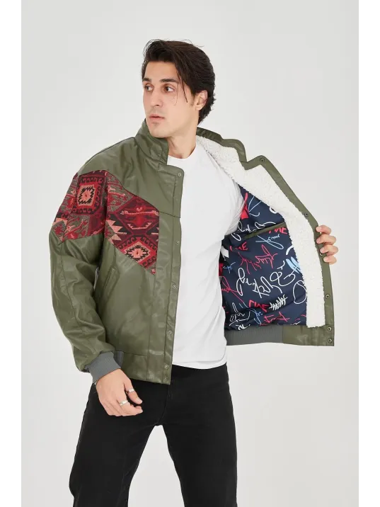 Erkek İçi Astarlı İçten Yaka Kısmı Peluşlu Suni Kumaş Vintage Ceket - Haki