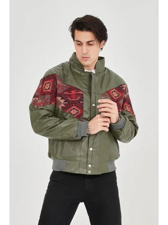 Erkek İçi Astarlı İçten Yaka Kısmı Peluşlu Suni Kumaş Vintage Ceket - Haki