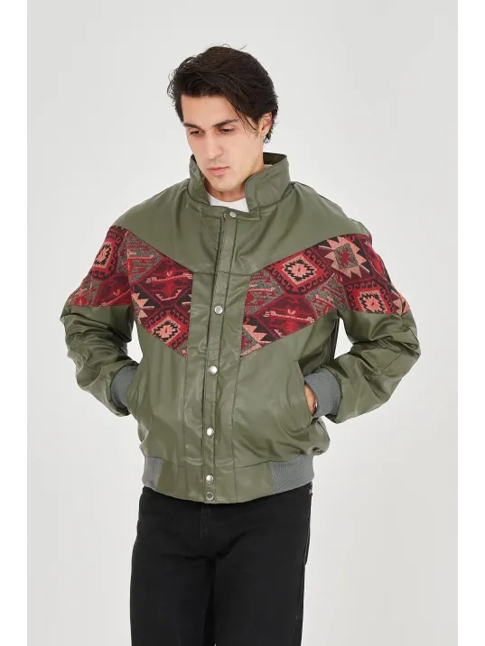 Erkek İçi Astarlı İçten Yaka Kısmı Peluşlu Suni Kumaş Vintage Ceket - Haki