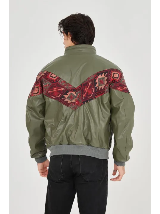 Erkek İçi Astarlı İçten Yaka Kısmı Peluşlu Suni Kumaş Vintage Ceket - Haki