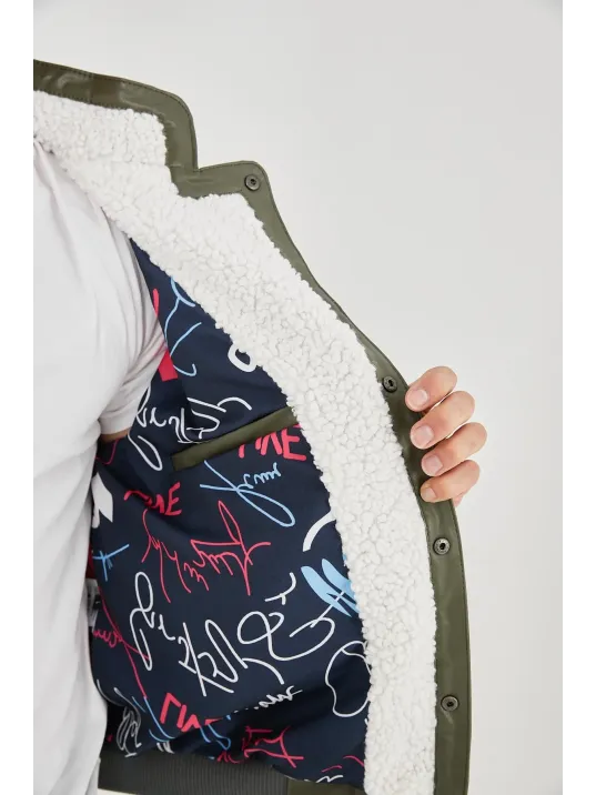 Erkek İçi Astarlı İçten Yaka Kısmı Peluşlu Suni Kumaş Vintage Ceket - Haki