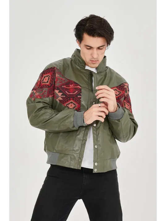 Erkek İçi Astarlı İçten Yaka Kısmı Peluşlu Suni Kumaş Vintage Ceket - Haki