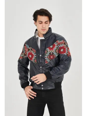 Erkek İçi Astarlı İçten Yaka Kısmı Peluşlu Suni Kumaş Vintage Ceket - Lacivert