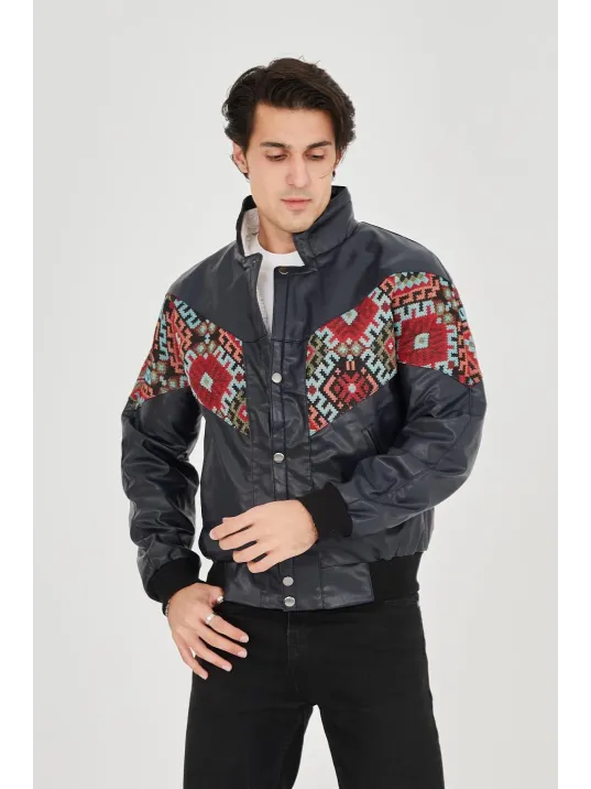 Erkek İçi Astarlı İçten Yaka Kısmı Peluşlu Suni Kumaş Vintage Ceket - Lacivert