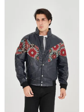 Erkek İçi Astarlı İçten Yaka Kısmı Peluşlu Suni Kumaş Vintage Ceket - Lacivert Erkek İçi Astarlı İçten Yaka Kısmı Peluşlu Suni Kumaş Vintage Ceket - Lacivert