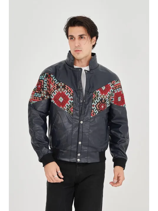 Erkek İçi Astarlı İçten Yaka Kısmı Peluşlu Suni Kumaş Vintage Ceket - Lacivert