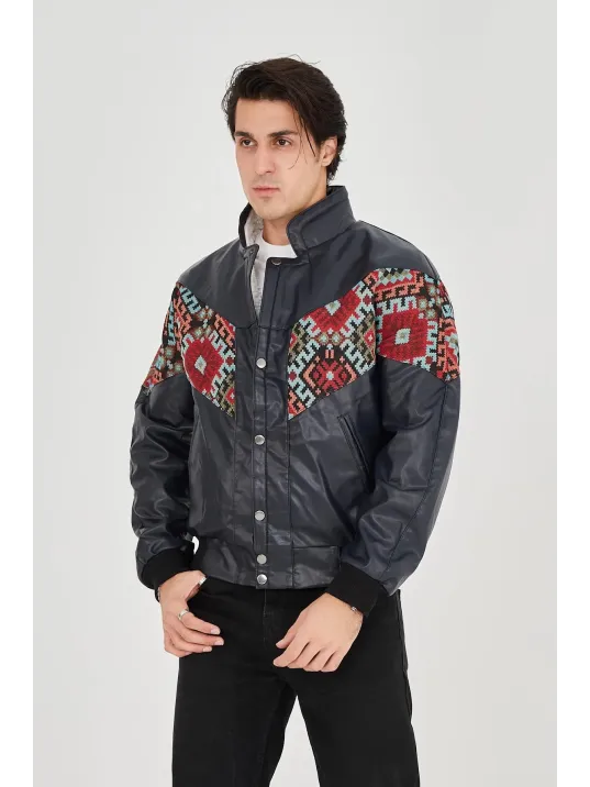 Erkek İçi Astarlı İçten Yaka Kısmı Peluşlu Suni Kumaş Vintage Ceket - Lacivert