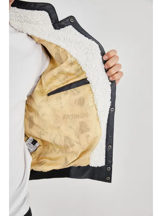 Erkek İçi Astarlı İçten Yaka Kısmı Peluşlu Suni Kumaş Vintage Ceket - Lacivert