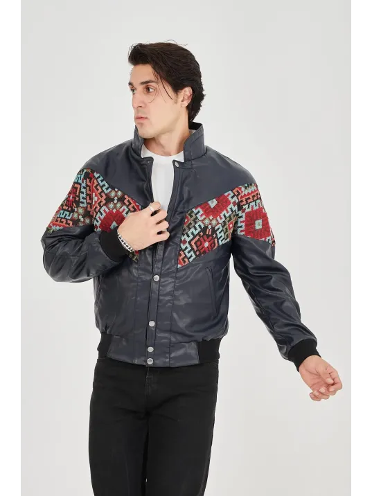 Erkek İçi Astarlı İçten Yaka Kısmı Peluşlu Suni Kumaş Vintage Ceket - Lacivert