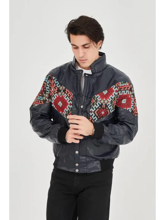 Erkek İçi Astarlı İçten Yaka Kısmı Peluşlu Suni Kumaş Vintage Ceket - Lacivert