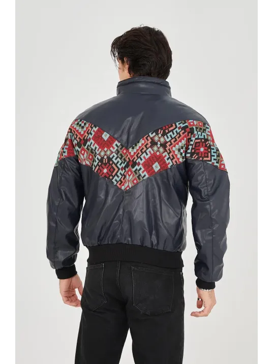 Erkek İçi Astarlı İçten Yaka Kısmı Peluşlu Suni Kumaş Vintage Ceket - Lacivert