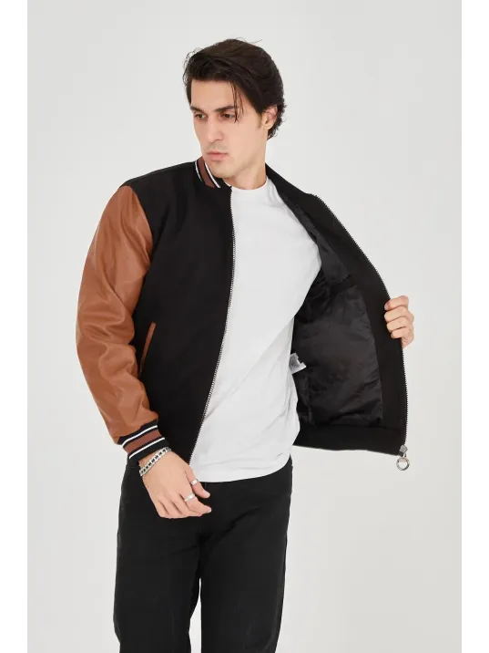 Erkek İçten Elyaf ve Astarlı Kolları Suni Deri Ceket - Kahverengi