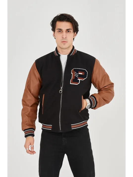 Erkek İçten Elyaf ve Astarlı Kolları Suni Deri Ceket - Kahverengi