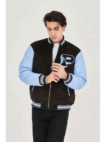Erkek İçten Elyaf ve Astarlı Kolları Suni Deri Ceket - Mavi