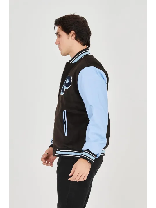 Erkek İçten Elyaf ve Astarlı Kolları Suni Deri Ceket - Mavi Erkek İçten Elyaf ve Astarlı Kolları Suni Deri Ceket - Mavi