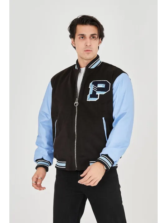 Erkek İçten Elyaf ve Astarlı Kolları Suni Deri Ceket - Mavi Erkek İçten Elyaf ve Astarlı Kolları Suni Deri Ceket - Mavi